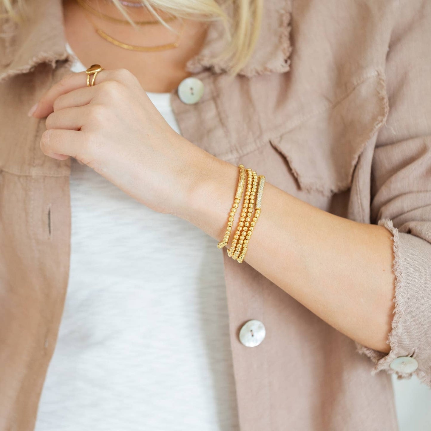 Gold Beaded Bracelet with Lightly Textured Bar