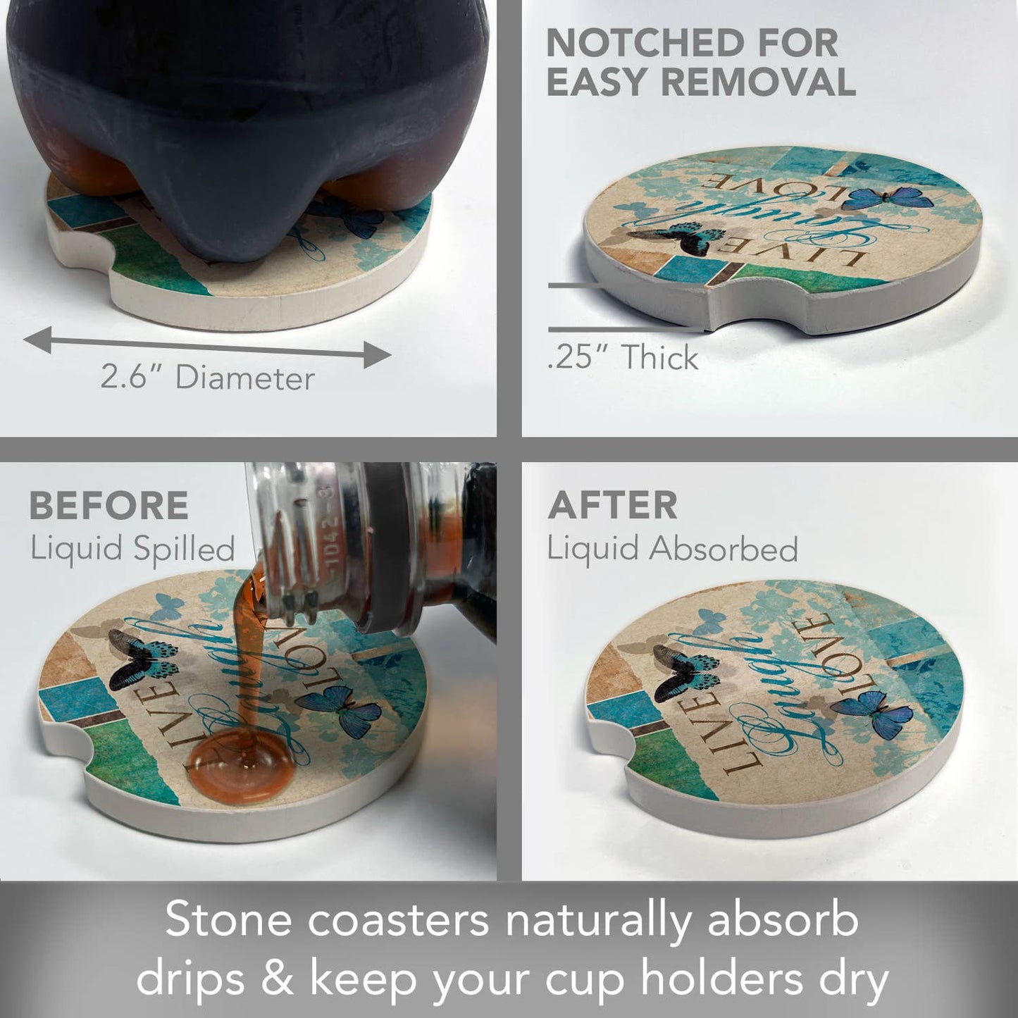 Live Laugh Love Absorbent Stone Car Coaster 1 Pk