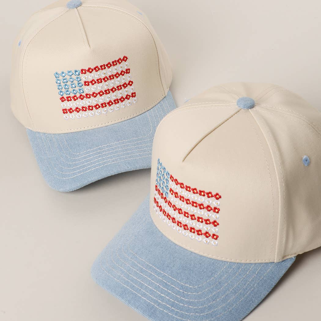 Lt. Denim Floral American Flag Embroidered Two-Tone Denim Trucker Hat