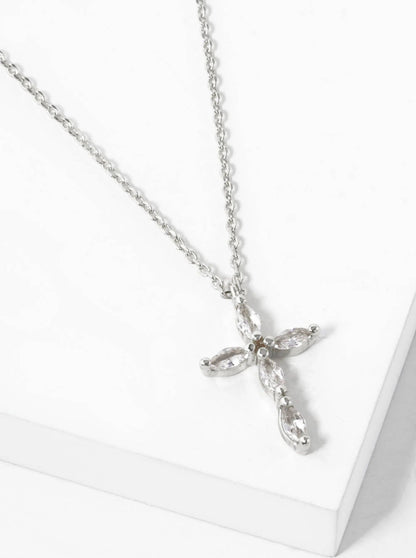 18K Gold Dipped Marquise Cubic Zirconia Cross Necklace: Rhodium