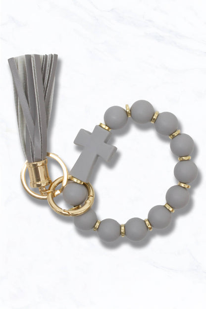 Silicone Beaded Keychain with Tassel & Cross