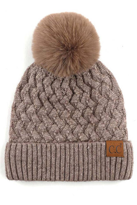 Taupe Woven Cable Stitch Cuff Soft Pom Beanie Winter Hat