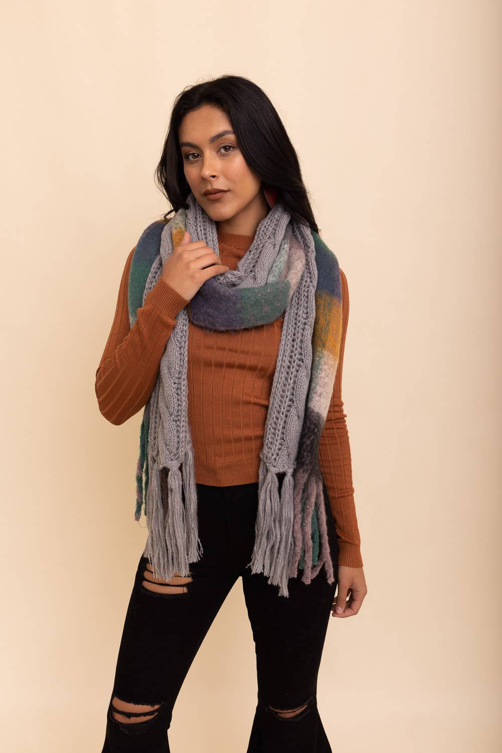 Cozy Knit Dual Textured Scarf w/ Tassels