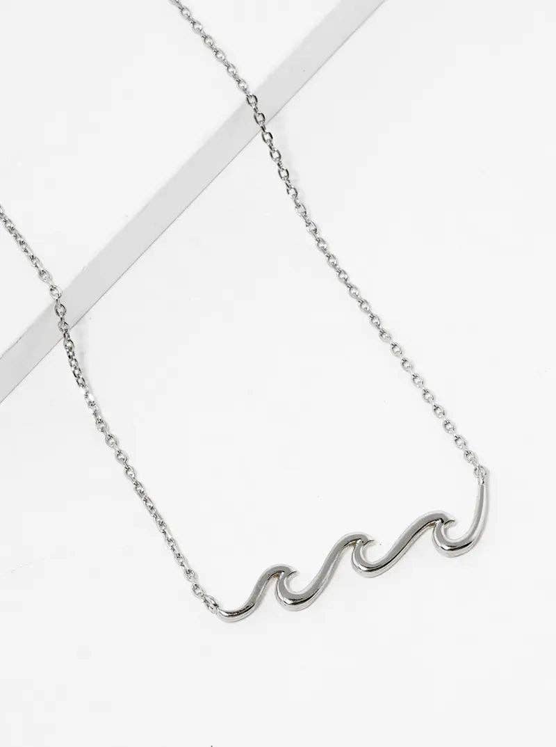 18K Gold Dipped Wave Pendant Necklace: Rhodium