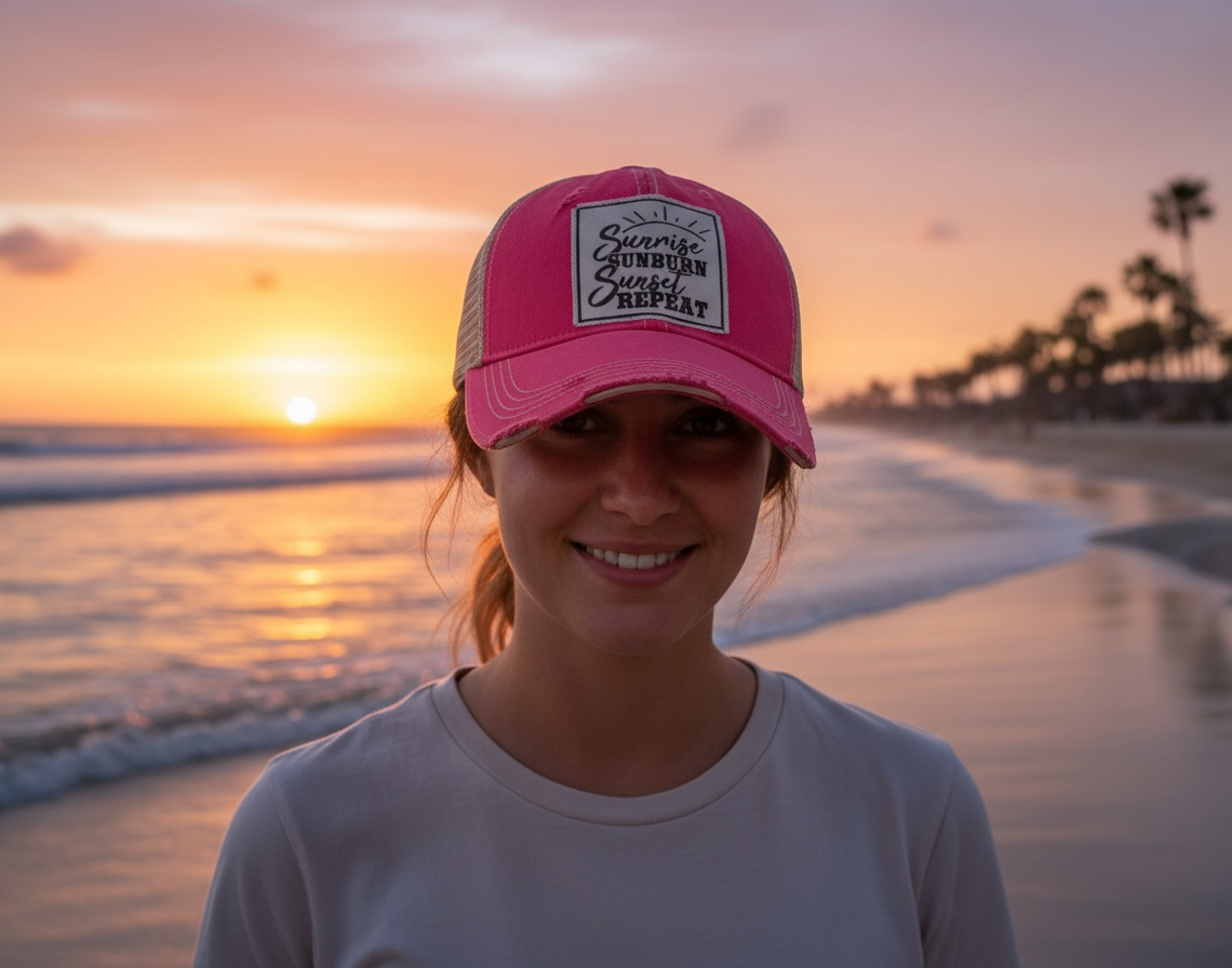 Sunrise Sunburn Sunset Repeat Distressed Trucker Cap