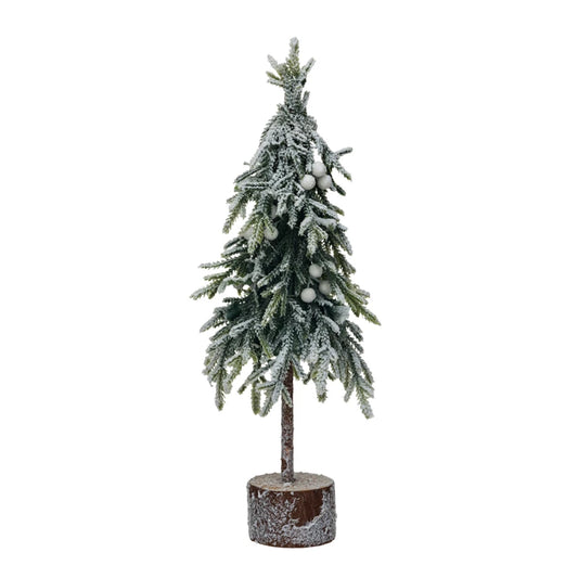 Faux Fir Tree w/ Wood Base, Snow Finish