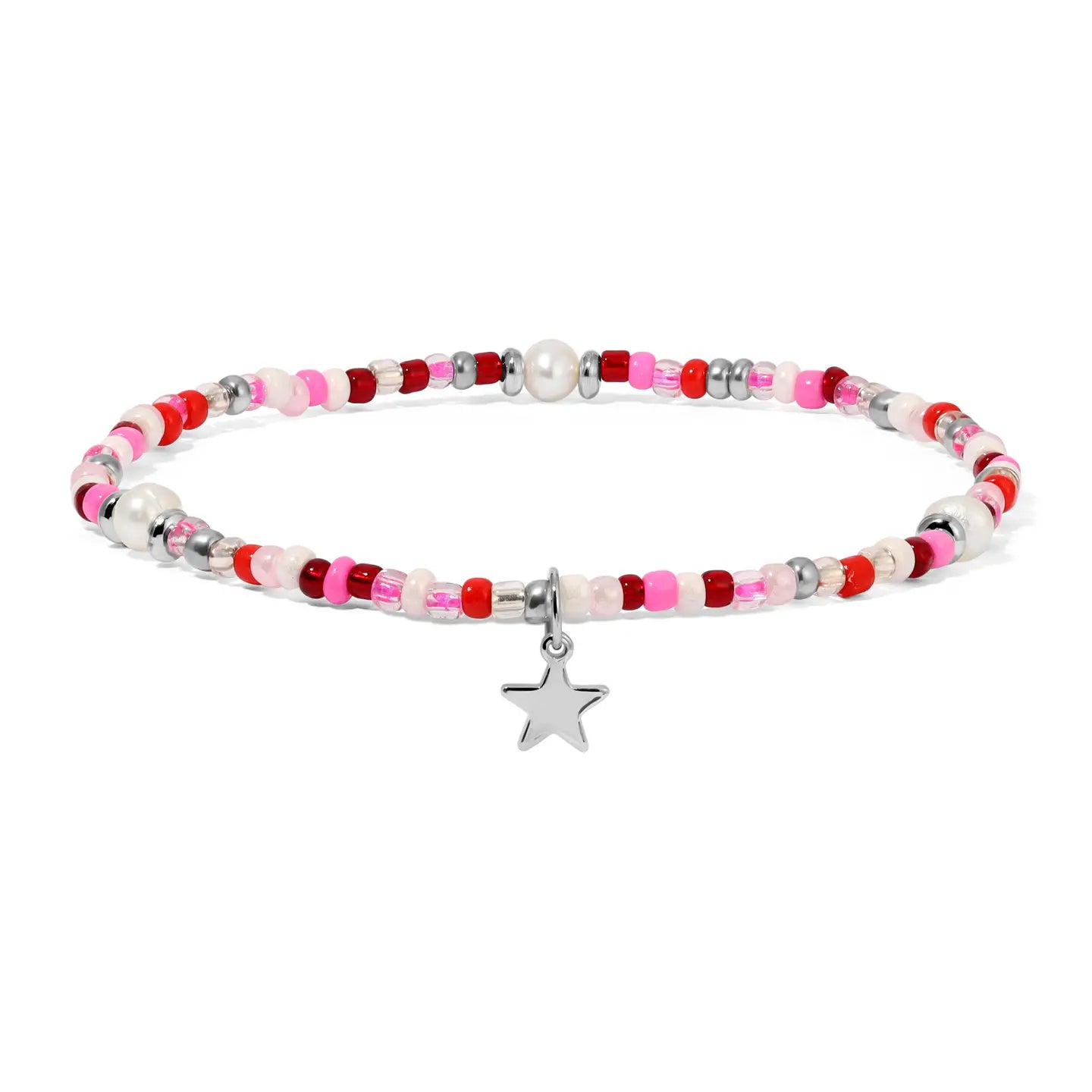 Flamingo Pink Seed Bead and Pearls Ankle Bracelet With Silver Star Charm