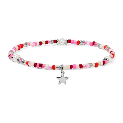 Flamingo Pink Seed Bead and Pearls Ankle Bracelet With Silver Star Charm