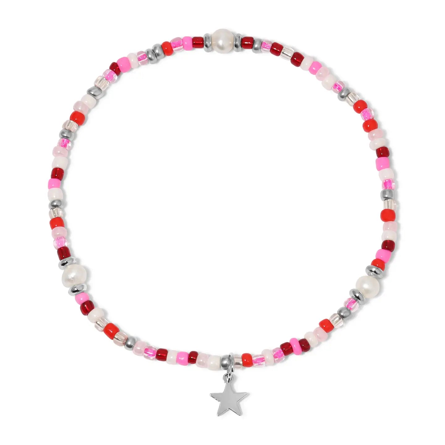 Flamingo Pink Seed Bead and Pearls Ankle Bracelet With Silver Star Charm