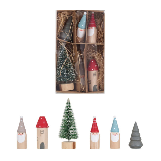 Wood & Sisal House, Trees & Gnomes, Boxed Set of 6