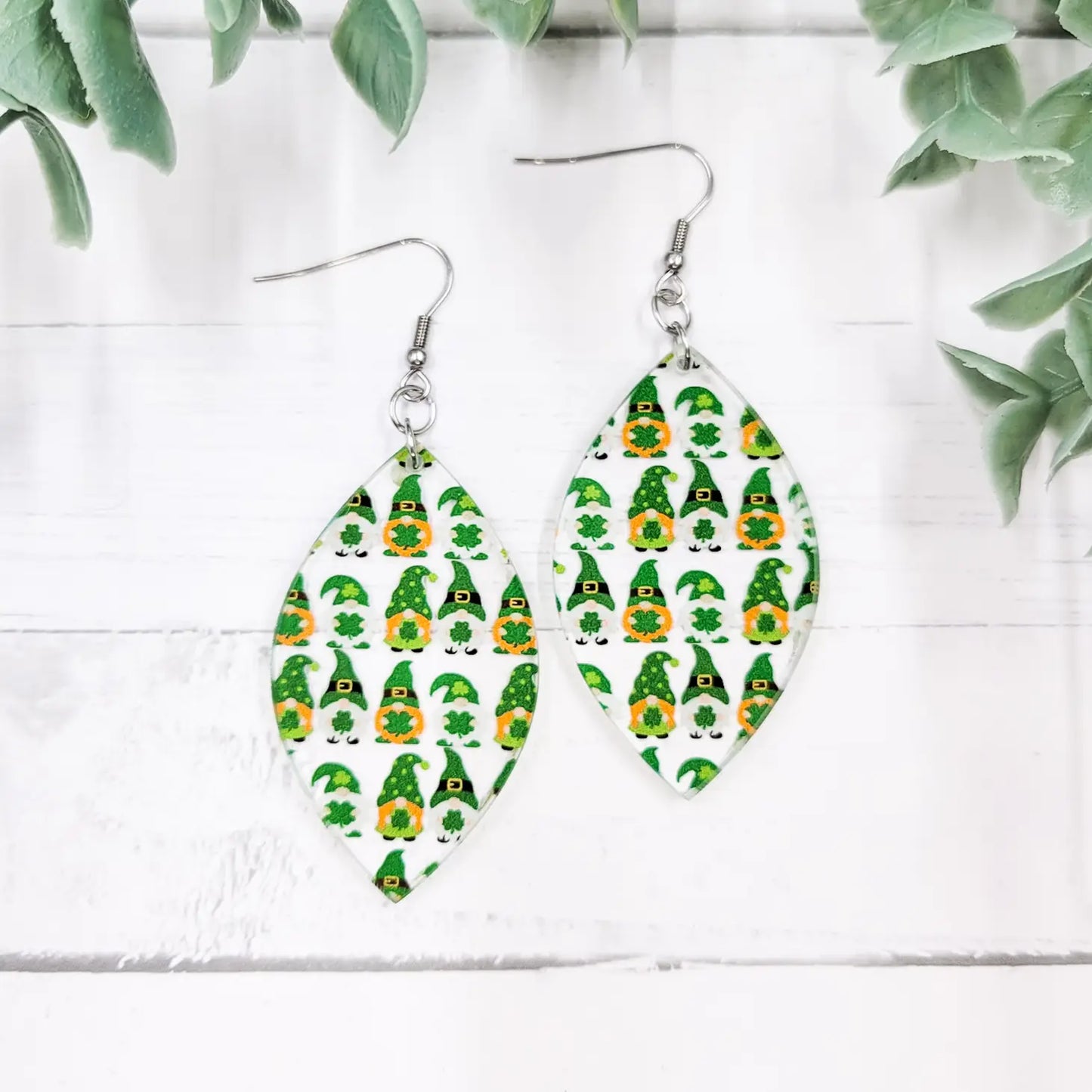 St Pattys Gnomes Pointed Petal Clear Acrylic Dangle Earrings