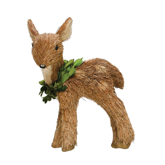 7-1/2"H Grass Standing Deer w/ Wreath, Brown & Green