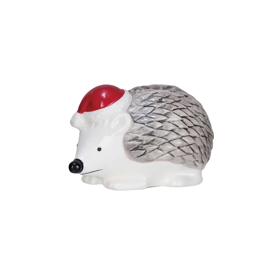 Stoneware Hedgehog Taper Holder With Santa Hat