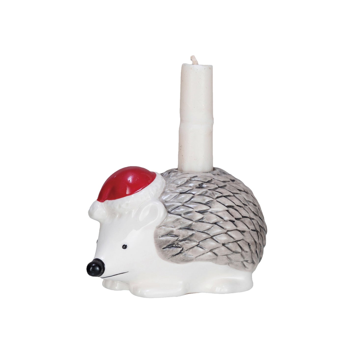 Stoneware Hedgehog Taper Holder With Santa Hat