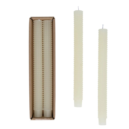 Cream Unscented Hobnail Taper Candles in Box, Set of 2