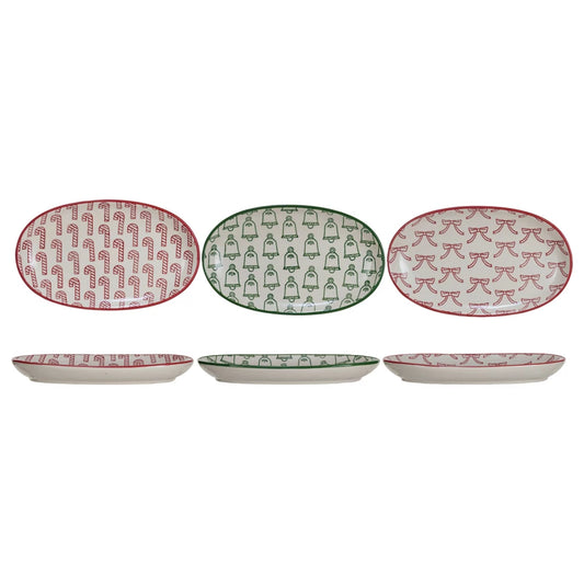 Hand-Stamped Stoneware Plate w/ Holiday Pattern, 3 Styles