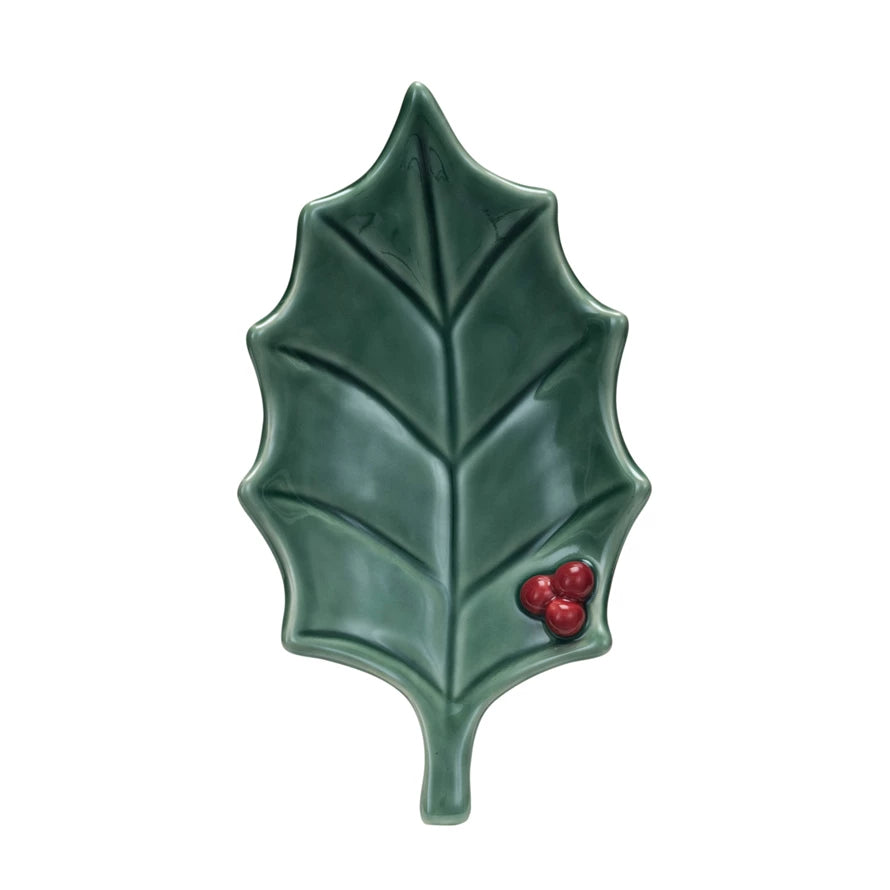 Stoneware Holly Leaf Shaped Dish, Reactive Glaze, Green & Red