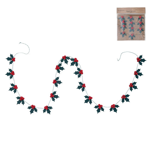 54"L Handmade Recycled Paper Holly Mini Garland w/ Pom Pom Berries