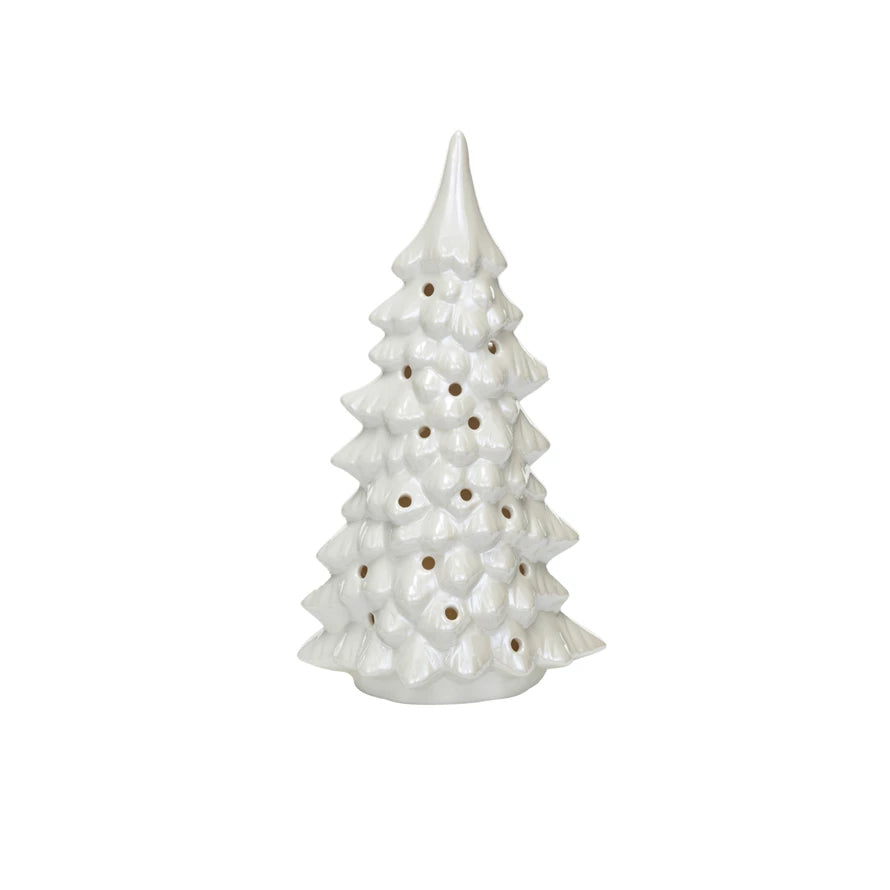 Stoneware LED Tree w/ Cut-Outs, Iridescent Finish