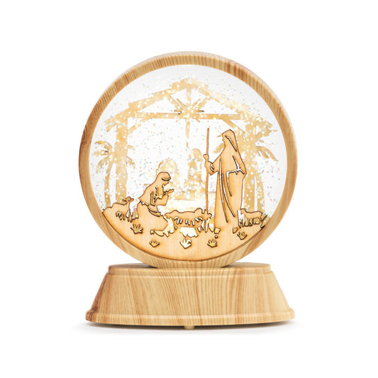 Lit Wood Holy Family Snow Globe