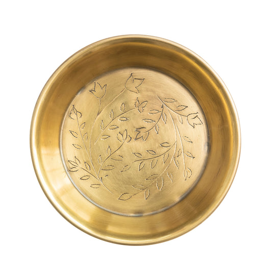 Metal Dish w/ Etched Floral Design, Antique Brass Finish