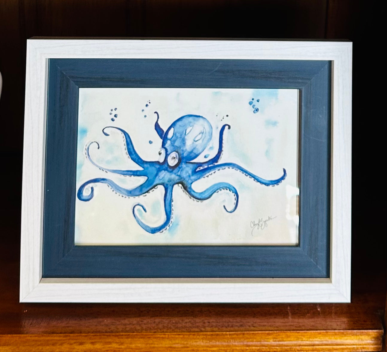 8x10 Octopus in Blue & White Frame