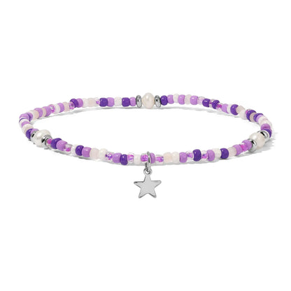 Orchid Seed Bead and Pearls Ankle Bracelet With Silver Star Charm