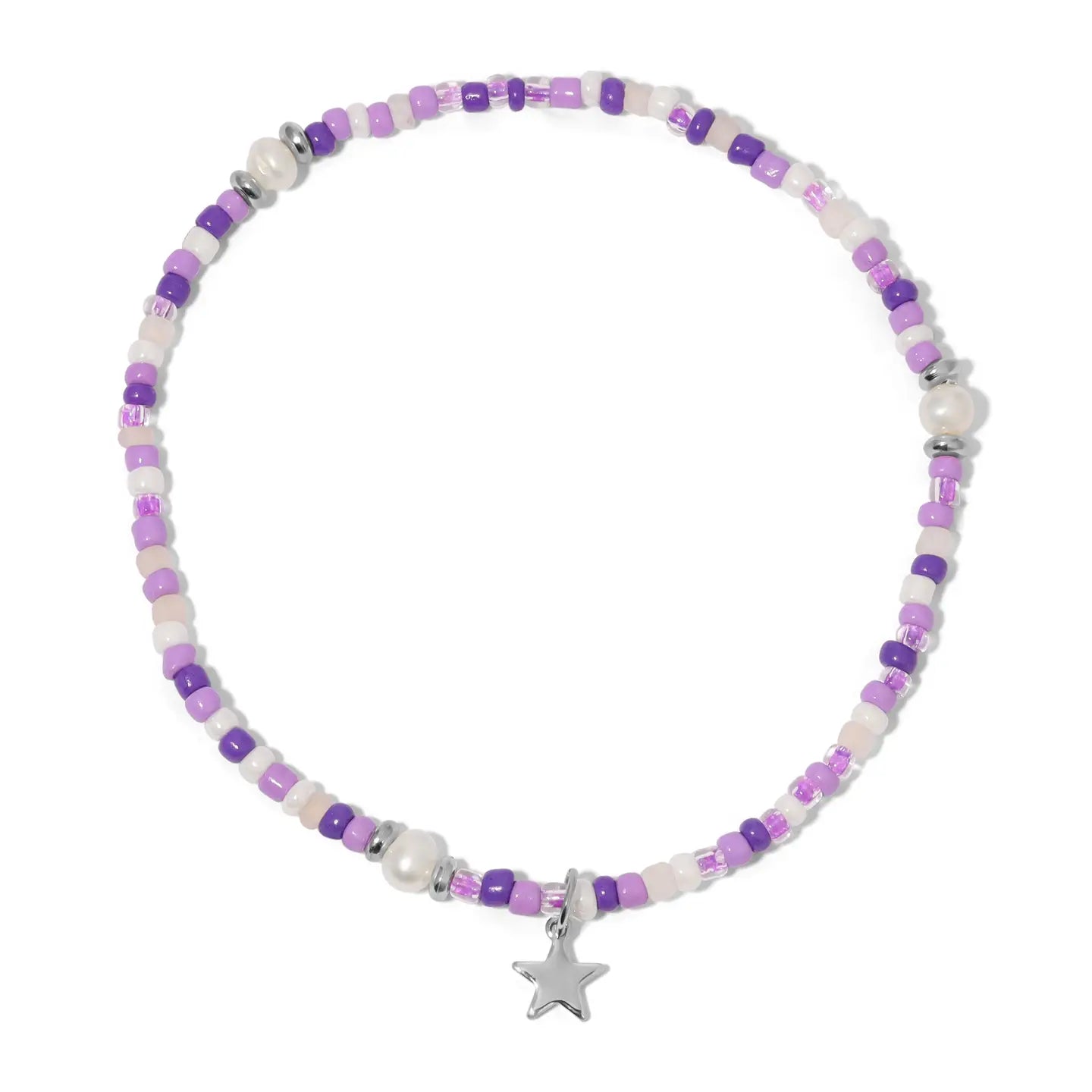 Orchid Seed Bead and Pearls Ankle Bracelet With Silver Star Charm