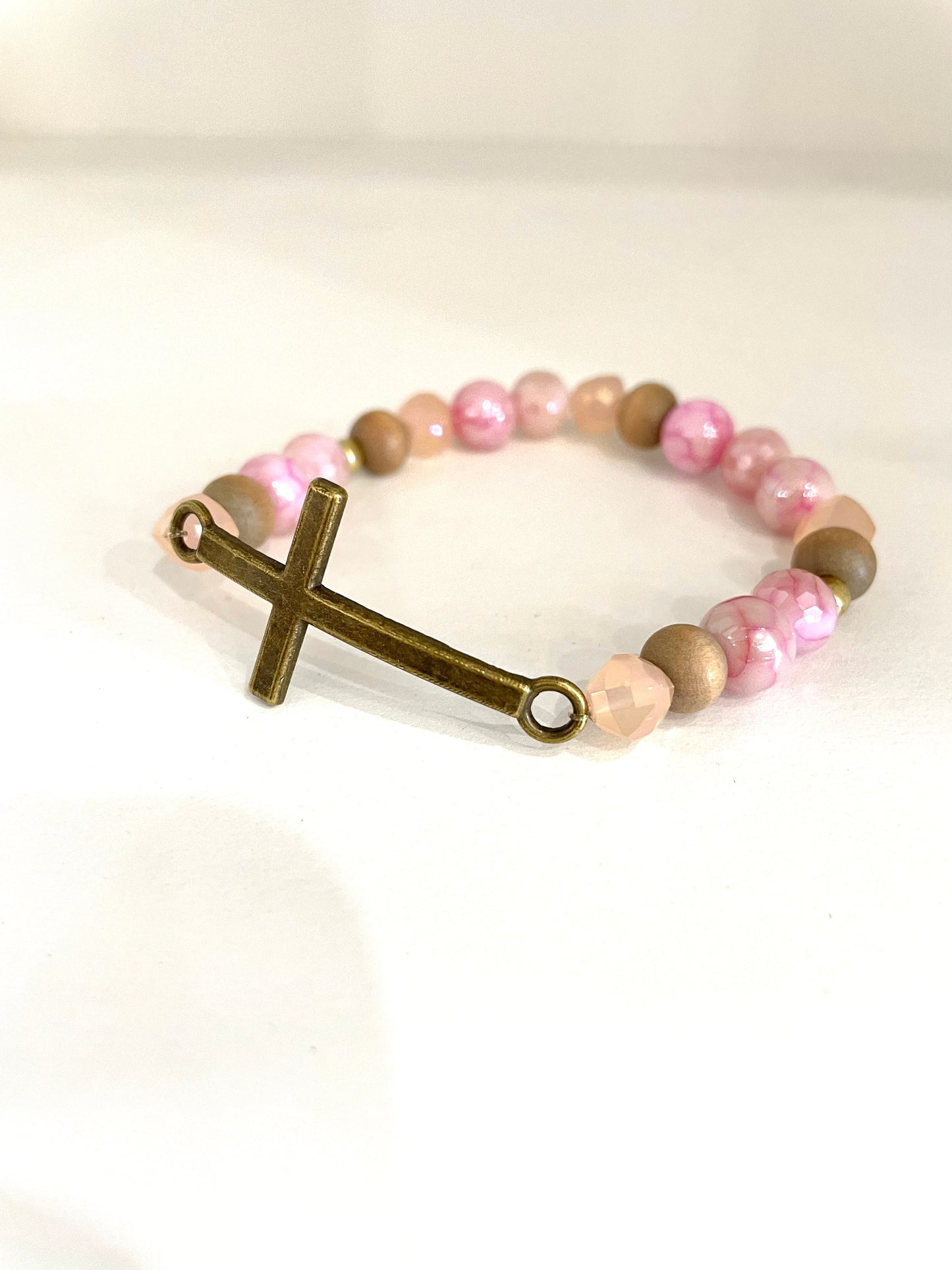 Brass Cross Bracelet With Pink & Tan Beads