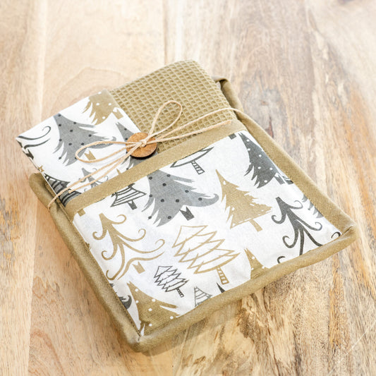 Gold & White Tree Potholder Towel Set