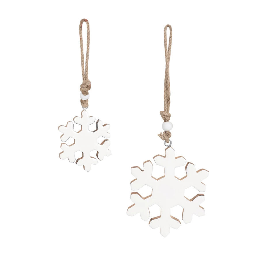 Enameled Mango Wood Snowflake Ornaments With Wood Beads