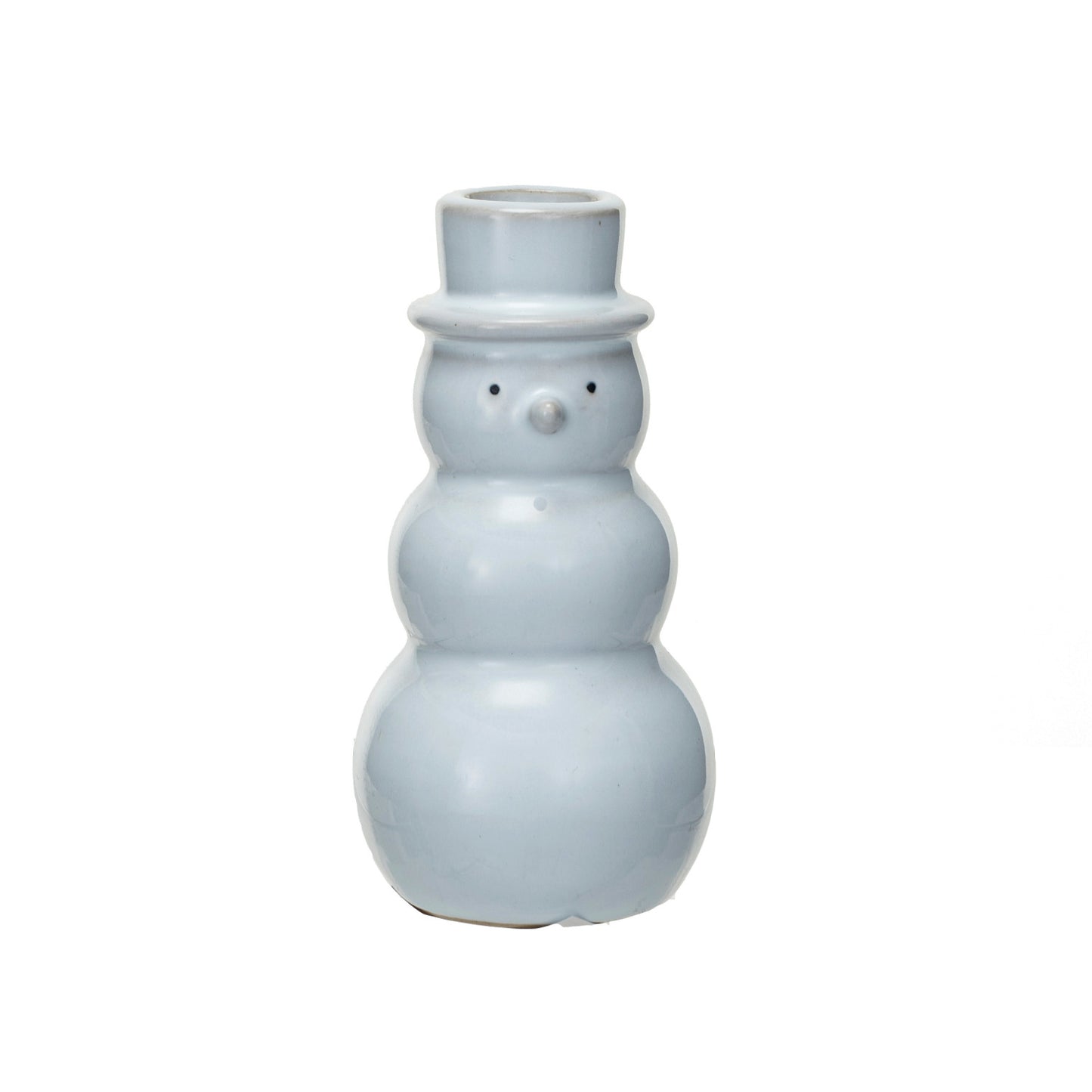 Stoneware Snowman Shaped Taper Holder, Reactive Glaze, White