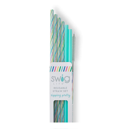 Rainbow Stripe & Aqua Reusable Straw Set (Tall)