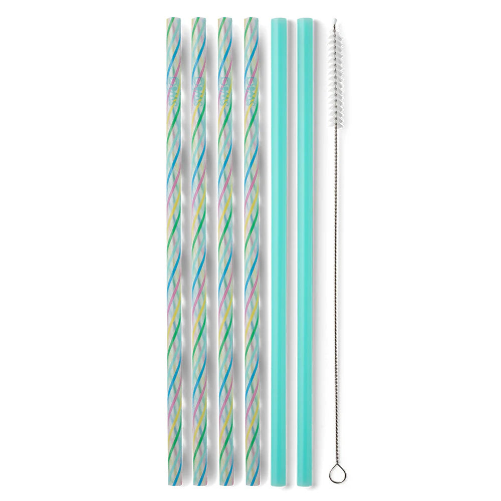 Rainbow Stripe & Aqua Reusable Straw Set (Tall)