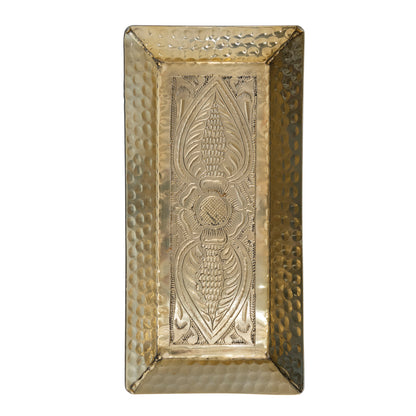 Decorative Hammered Aluminum Tray With Stamped Design, Gold Finish