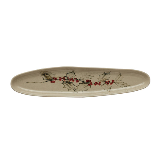 Oval Debossed Stoneware Tray with Holly With Reactive Crackle Glaze