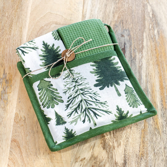 Green & White Tree Potholder Towel Set