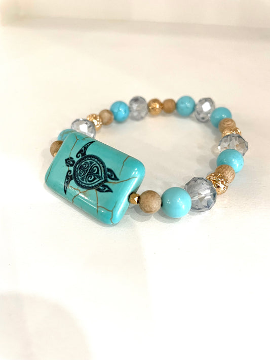 Turtle Tile Bracelet With Turquoise & Crystal Beads