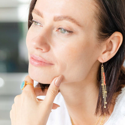 White & Gold Long Earring with a Pop of Color