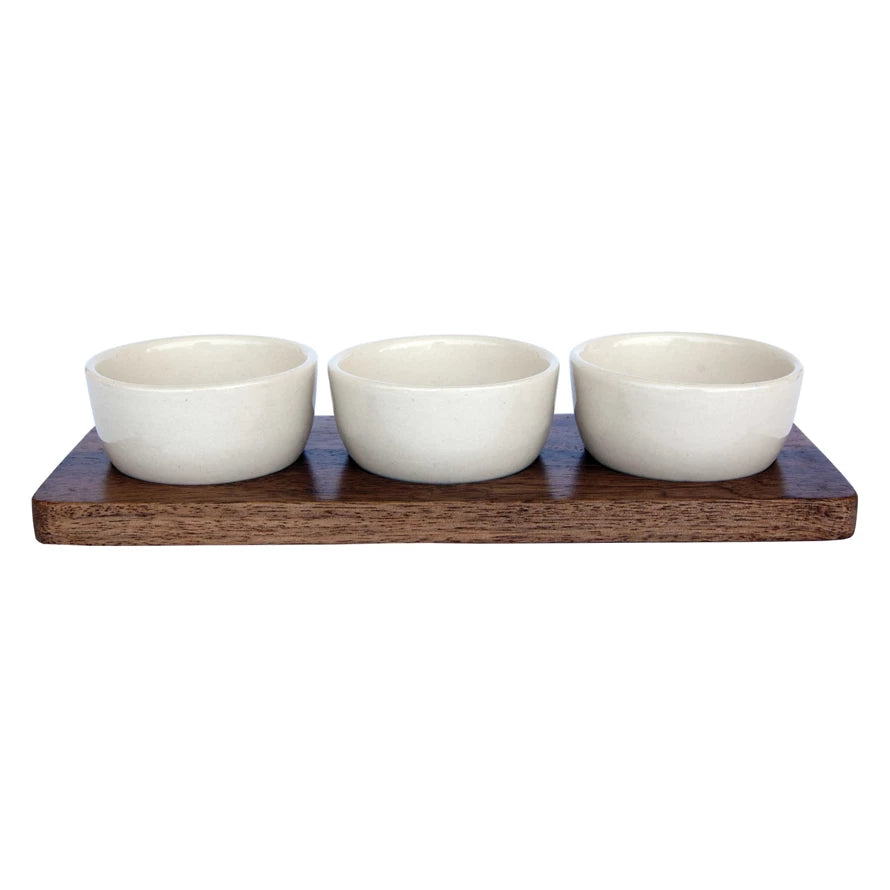 Mango Wood Tray With (3) 2 oz. Stoneware Bowls