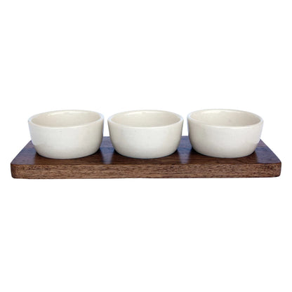 Mango Wood Tray With (3) 2 oz. Stoneware Bowls