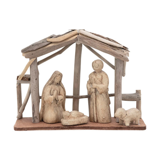 Driftwood and Paper Mache Nativity with Wood Base