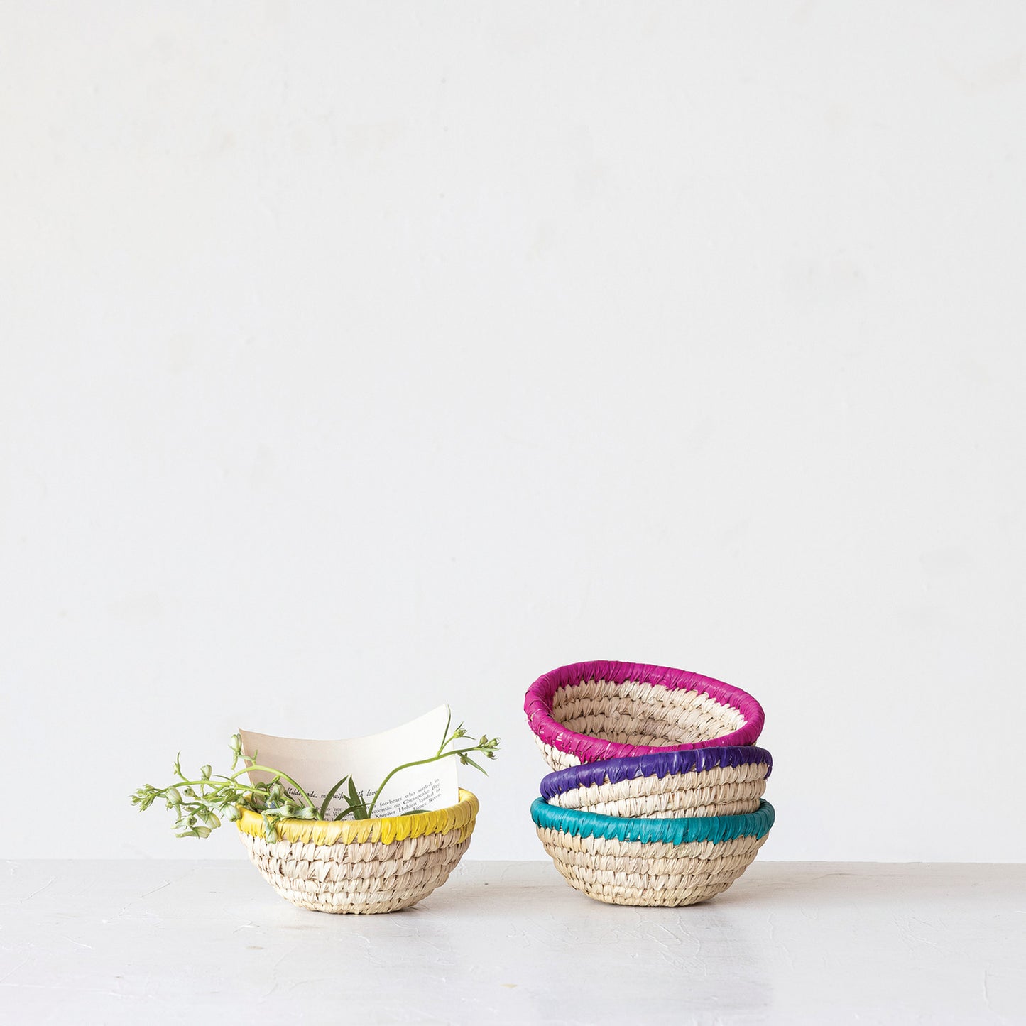 Decorative Hand-Woven Grass & Date Leaf Basket With Colored Rim
