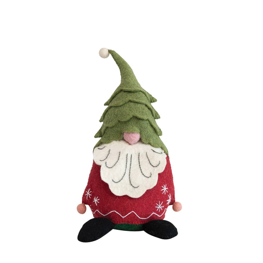 7-1/2"L x 7"W x 14"H Handmade Wool Felt Gnome, Multi Color