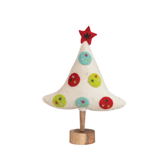 9"L x 3"W x 12"H Handmade Wool Felt Tree w/ Star, Applique, Embroidery & Wood Base