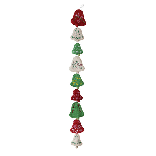 72"L Handmade Wool Felt Bell Garland w/ Embroidery, Cream Color, Red & Green