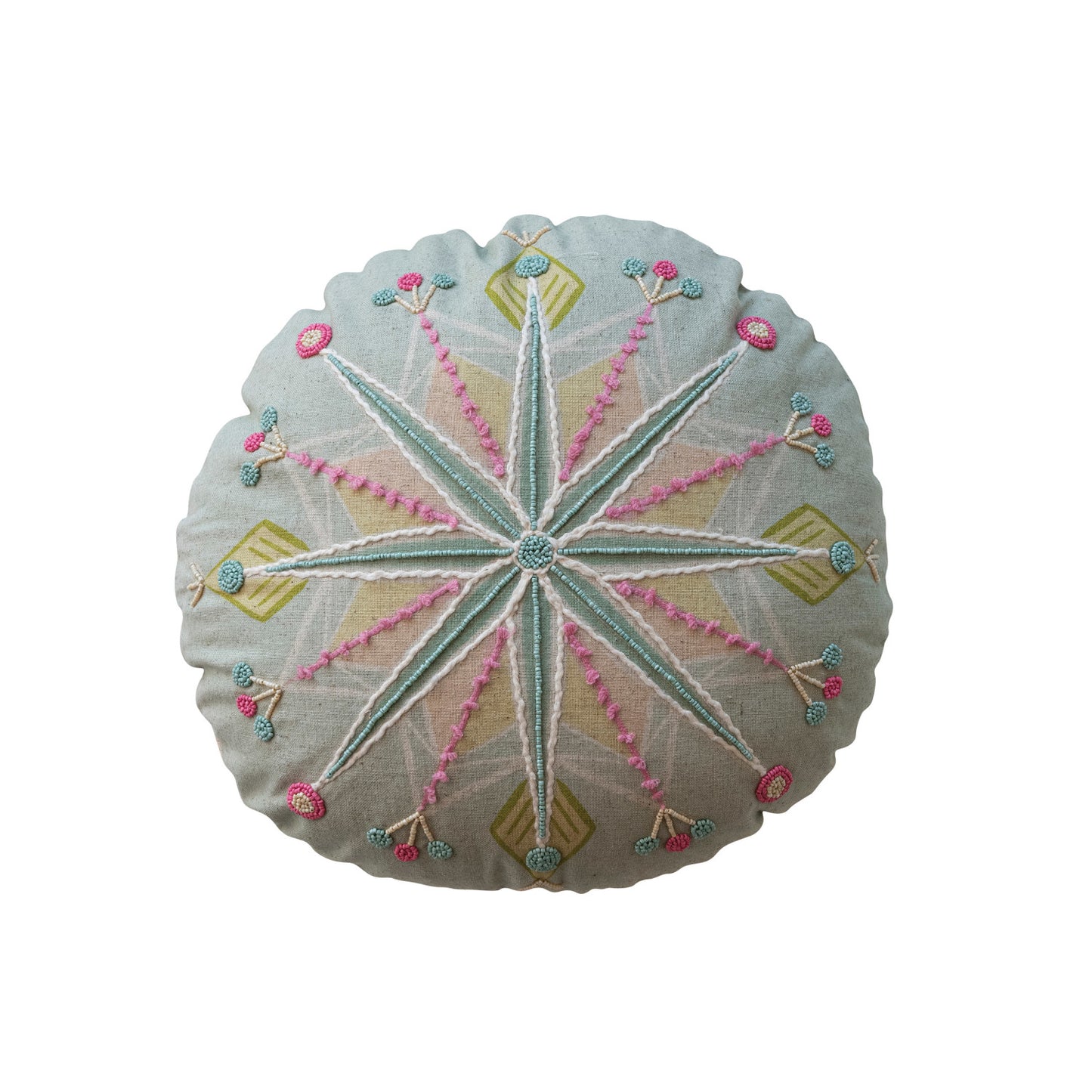 16" Round Cotton Embroidered Pillow w/ Snowflake & Beads, Multi Color ©