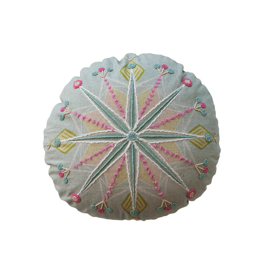 16" Round Cotton Embroidered Pillow w/ Snowflake & Beads, Multi Color ©