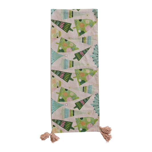 Hand-Embroidered Cotton Printed Table Runner w/ French Knots & Tassels ©