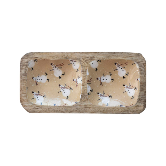 Enameled Mango Wood Tray w/ 2 Sections & Snowman Pattern, Multi Color